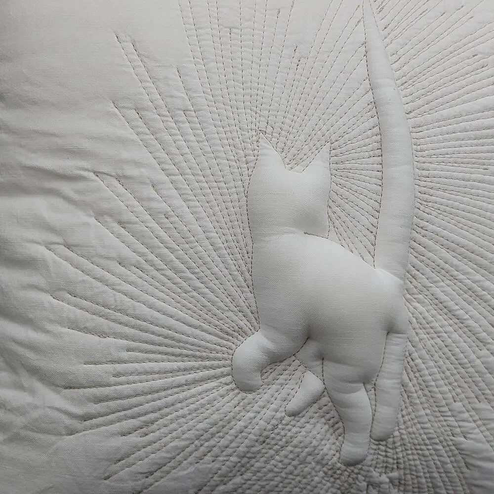 Vintage Embroidered Cat Pillow White Candlewicking Trapunto Sunburst 12x12